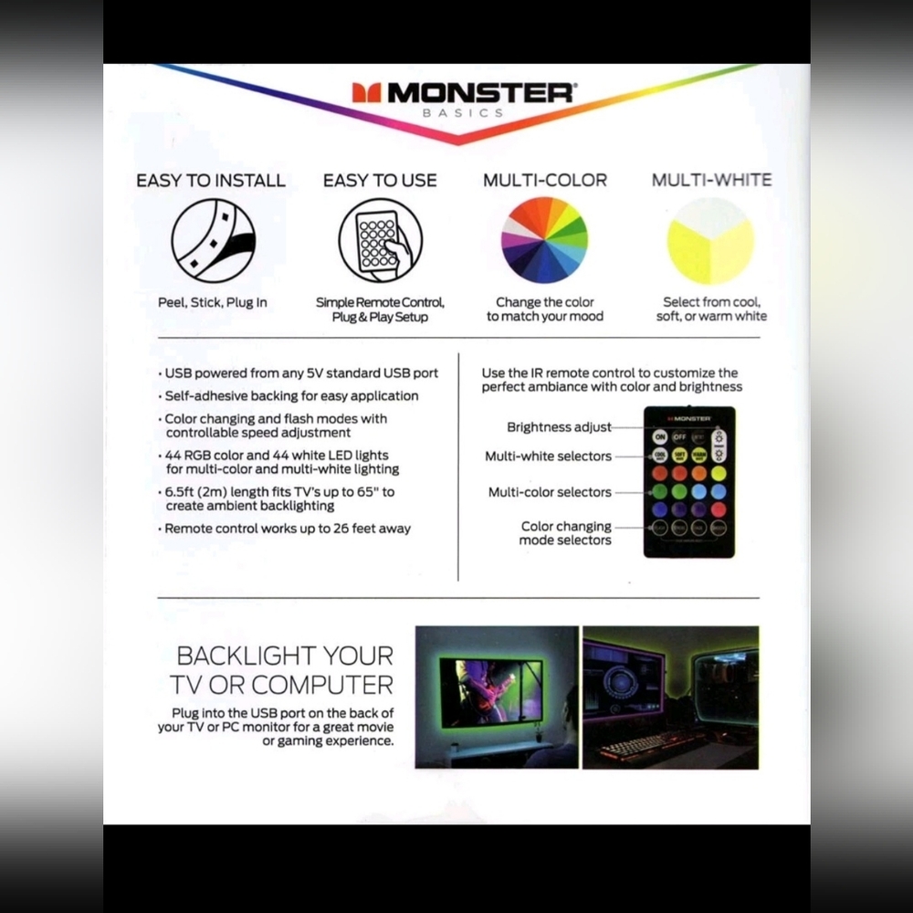 New Monster Multi-Color Multi-White LED Light Strip with Remote (MLB7-1027-BLK) - Picture 2 of 16